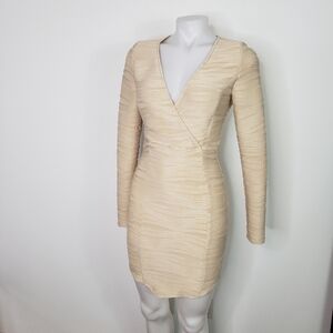 LF Urmoda Long Sleeve Bandage Wrap Mini Dress Champagne Nude Small